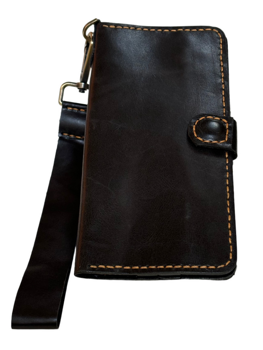 Grus - Handmade Shine Pull up Leather Long Wallet - Black