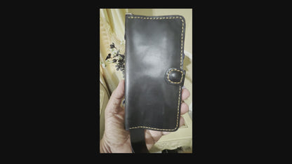 Grus - Handmade Shine Pull up Leather Long Wallet - Black